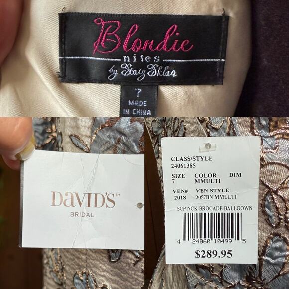 NWT Blondie Nites Juniors Beige Scoop Neck Floral Brocade Formal Ball Gown Sz 7 - Picture 14 of 16